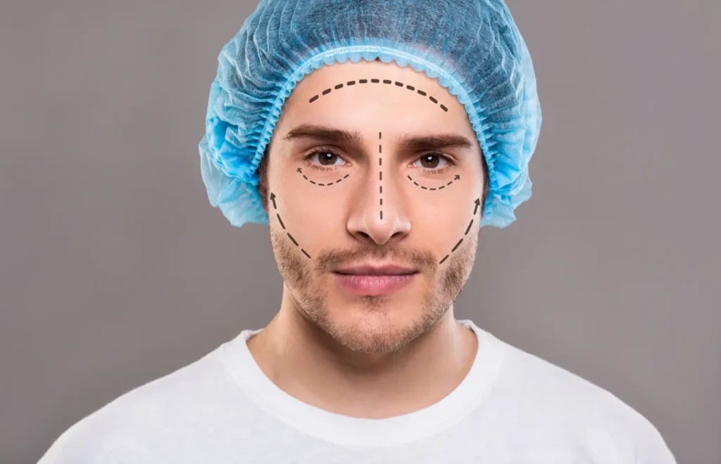 Man with facial treatment markings wearing surgical cap