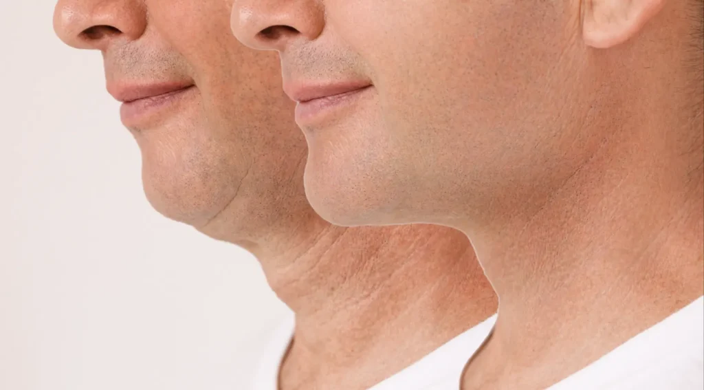 Side-by-side comparison of male jawline and neck appearance