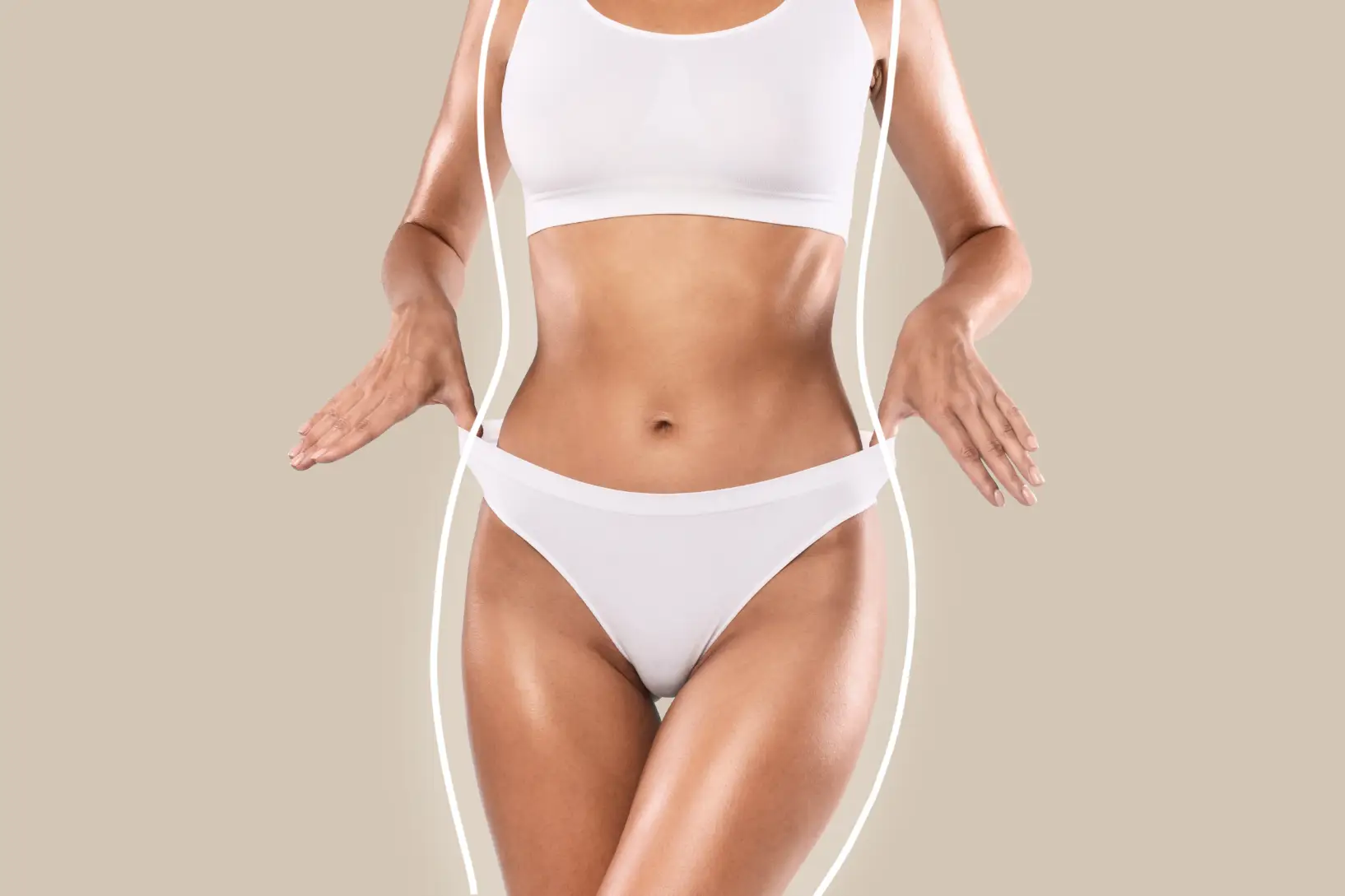 Woman torso in white underwear with outlined waist contour
