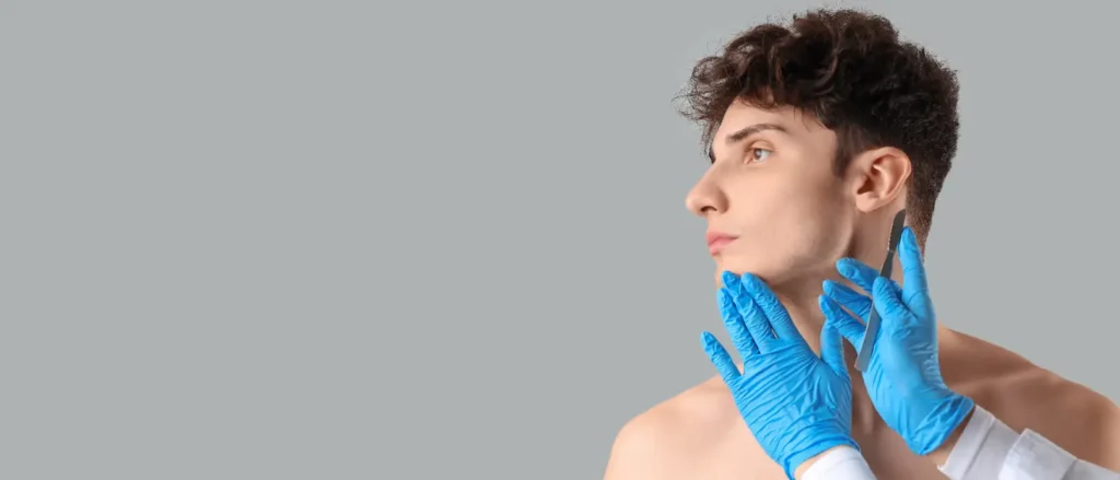 Provider evaluating male jawline during facial consultation